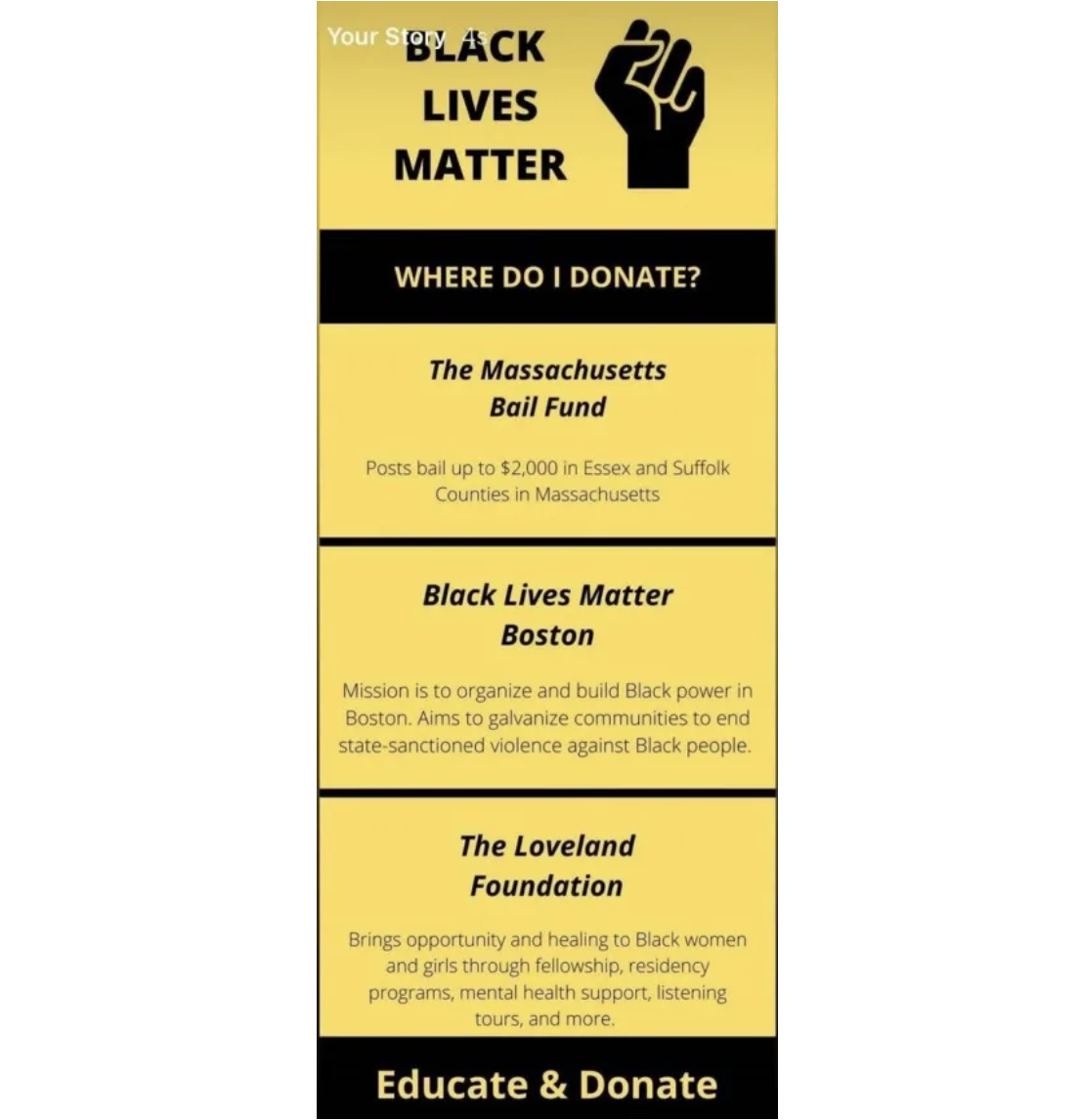 This is a screenshot of a students' example with the Black Lives Matter infographic she created. The infographic is titled “Black Lives Matter: Where Do I donate?” and uses a yellow and black color scheme. The text underneath shows three different organizations to donate to: The Massachusetts Bail Fund, Black Lives Matter Boston, and the Loveland Foundation. The text at the bottom reads “Educate & Donate.”