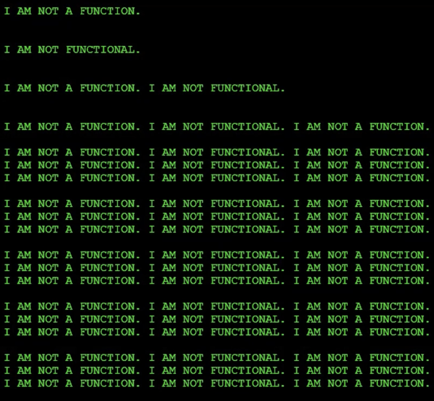 A screenshot of a matrix-looking computer screen with a black background and green text. The text reads over and over, 'I am not a function. I am not functional.'