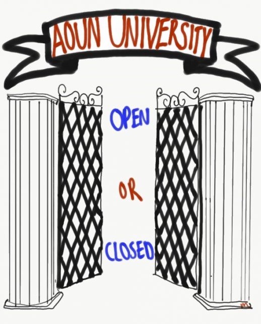 This illustration depicts the different opinions around opening and closing Northeastern University's campus during COVID-19. There is a banner at the top that reads 'Auon University' and opening gates underneath. Inside the gates, there is text that reads 'Open or Close?'