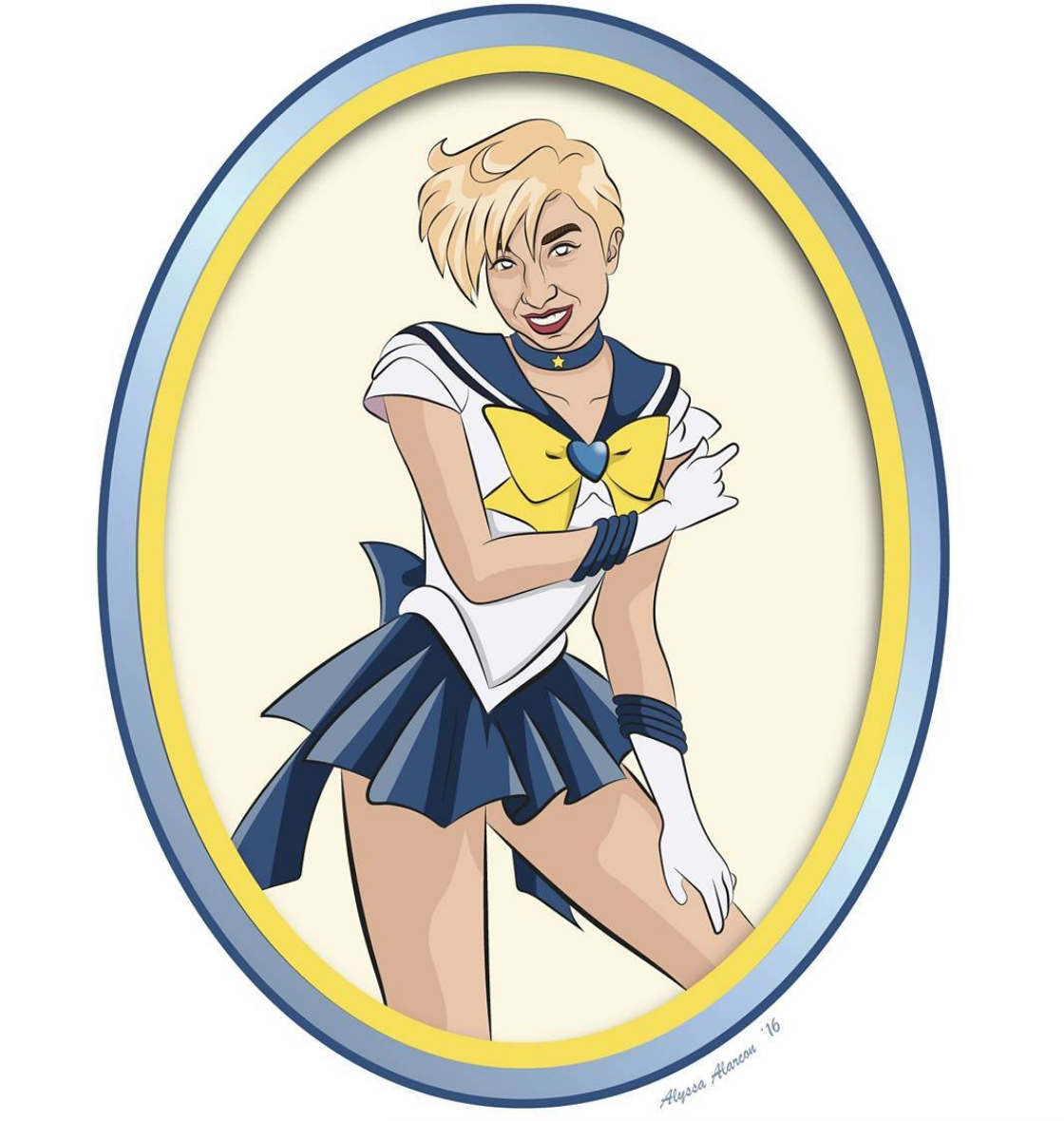 A drawn
                        cartoon image of Cara Marta Messina dressed as Sailor Uranus from Sailor Moon.
                        Drawn by Alyssa Alarcón Santo